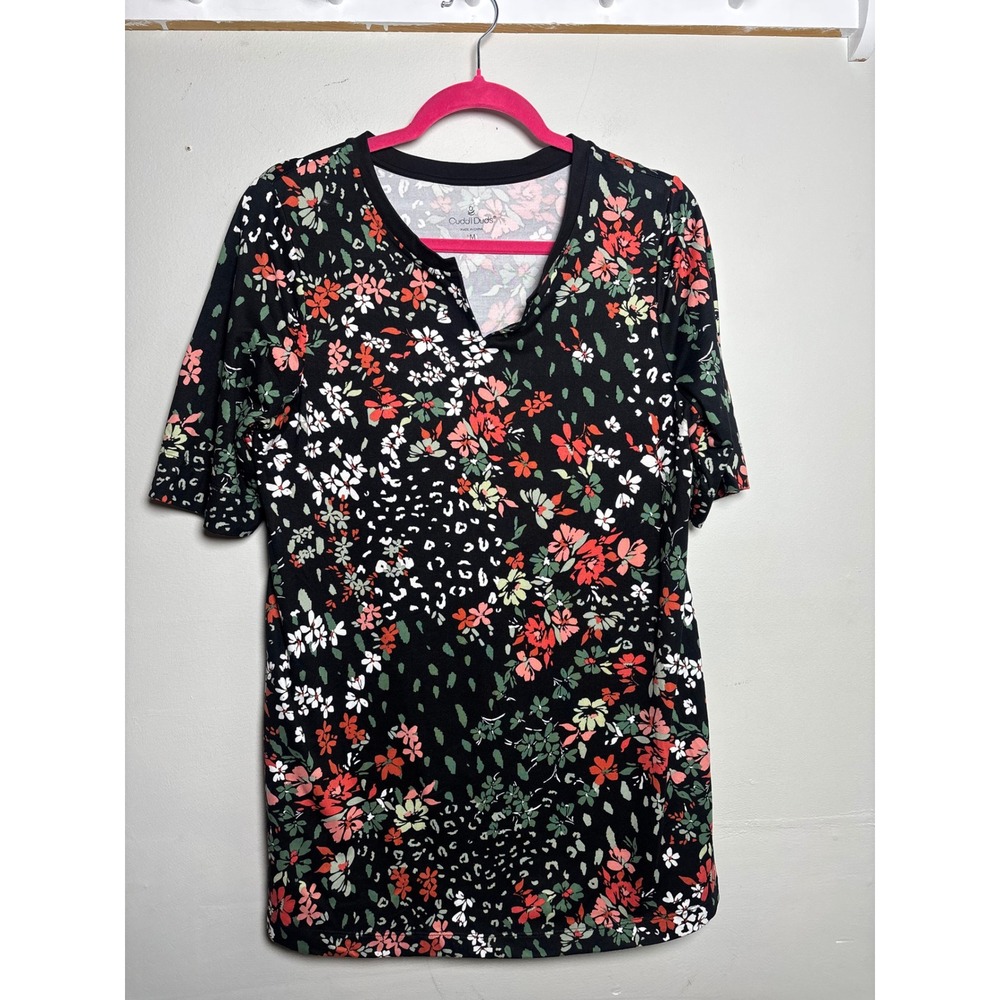 Cuddl Duds Black Floral Tunic Top Womens Medium Short Sleeve